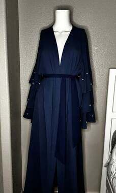 Pearl Beading Layered Sleeve Belted Abaya -SheIn(Sheinside)